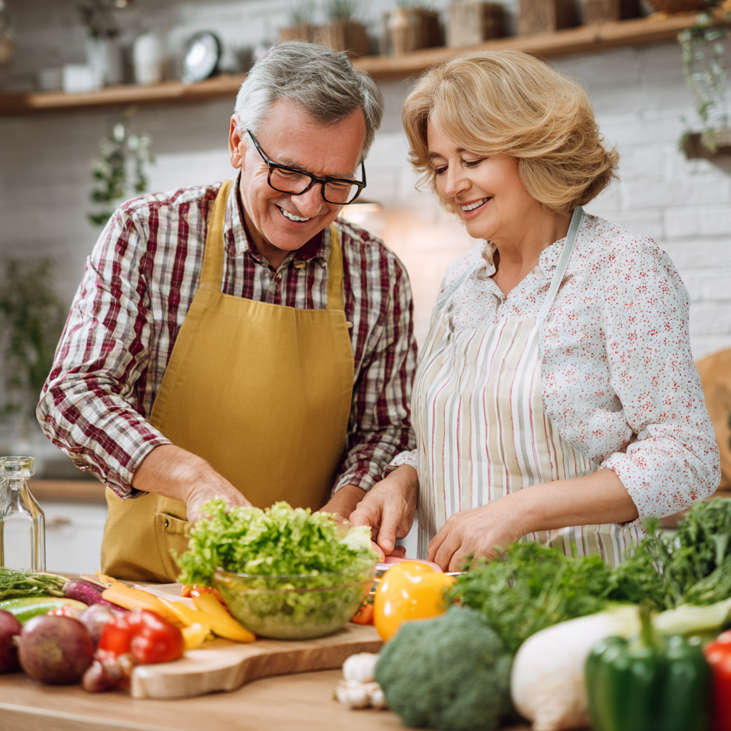 Happy Ukrainian family preparing healthy meal together in modern kitchen, smiling while cutting fresh vegetables