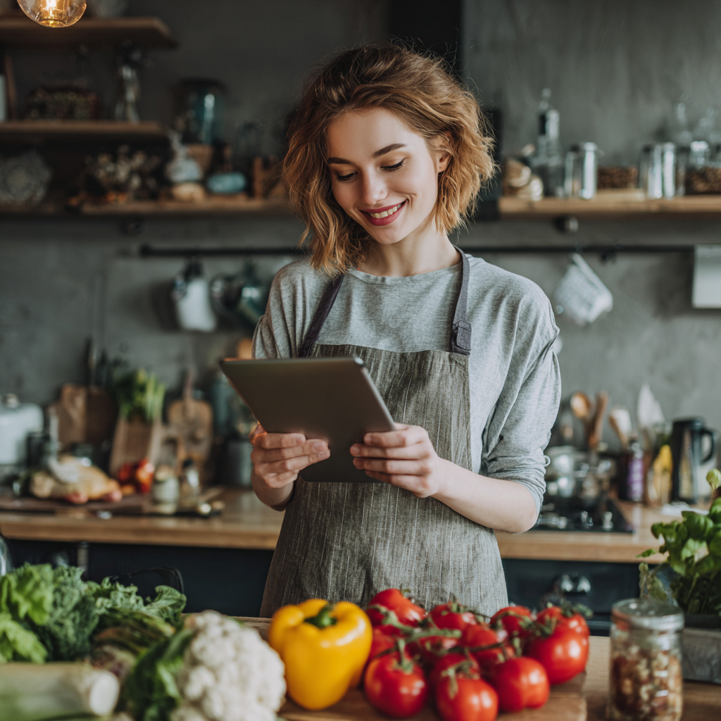 Professional Ukrainian nutritionist, middle-aged woman with warm smile, standing in modern consultation office with healthy foods display